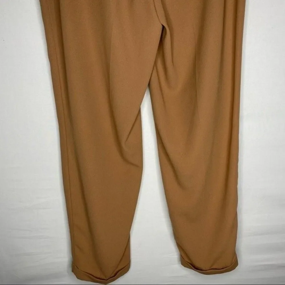Bar III Pants Women's M Brown Camel Pleated Front Mid Rise Elastic Waist Cuffed